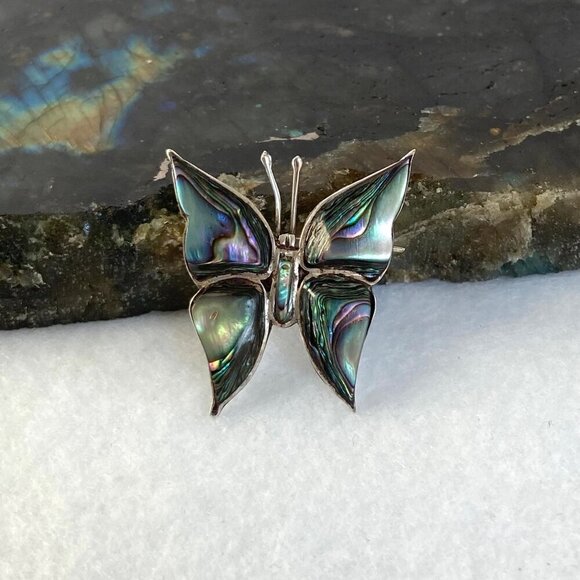 VTG Sterling Silver 925 Taxco Mexico Paua Abalone Insect Butterfly Brooch Pin